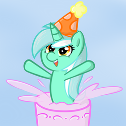 Size: 800x800 | Tagged: dead source, safe, artist:spaerk, lyra heartstrings, g4, cake, female, filly, happy birthday, hat, party hat, popping out of a cake, solo