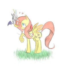Size: 640x640 | Tagged: safe, artist:rainbowlover001, discord, fluttershy, g4, cute, discute, female, male, ship:discoshy, shipping, size difference, straight