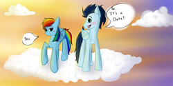 Size: 1366x685 | Tagged: safe, artist:slytherinakatsuki, rainbow dash, soarin', g4, blushing, cloud, cloudy, dialogue, female, male, ship:soarindash, shipping, straight