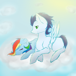 Size: 1000x1000 | Tagged: safe, artist:aqualuna112, rainbow dash, soarin', g4, blank flank, cloud, cloudy, eyes closed, female, lying, male, ship:soarindash, shipping, sleeping, straight