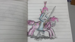 Size: 4128x2322 | Tagged: safe, artist:horsesplease, pinkie pie, human, g4, arrow, bow (weapon), galloping, human ponidox, humanized, humans riding ponies, mongol, mongolian, quiver, riding, saddle, self riding, sword, traditional art