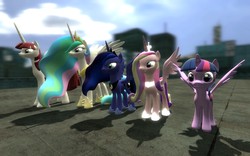 Size: 1680x1050 | Tagged: safe, artist:sonic5421, princess cadance, princess celestia, princess luna, twilight sparkle, oc, oc:fausticorn, alicorn, pony, g4, 3d, female, gmod, lauren faust, mare, royal family, twilight sparkle (alicorn)