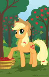 Size: 650x1005 | Tagged: safe, artist:pickletoez, applejack, g4, apple, female, food, orchard, solo, tree