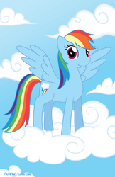 Size: 650x1005 | Tagged: safe, artist:pickletoez, rainbow dash, pegasus, pony, g4, cloud, female, looking at you, mare, sky, smiling, solo