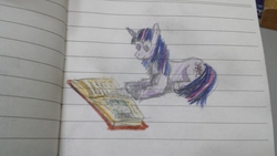 Size: 4128x2322 | Tagged: safe, artist:horsesplease, twilight sparkle, g4, atlas, book, female, geography, happy, lined paper, photo, reading, shading, solo, traditional art