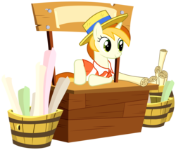 Size: 8165x7000 | Tagged: safe, artist:bobsicle0, peachy pitt, pony, unicorn, g4, absurd resolution, background pony, banner, boater, booth, bucket, clothes, cute, female, hat, leaning, mare, scroll, shirt, simple background, smiling, solo, stand, transparent background, vector