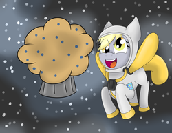 Size: 6550x5055 | Tagged: safe, artist:luckynight48, derpy hooves, pegasus, pony, g4, :d, absurd resolution, astronaut, female, mare, muffin, solo, space, spacesuit
