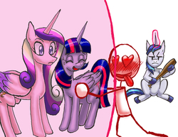 Size: 1485x1148 | Tagged: safe, artist:redanon, princess cadance, shining armor, twilight sparkle, oc, oc:anon, alicorn, pony, g4, baseball bat, blushing, eyes closed, female, force field, frown, glare, heart eyes, hoof hold, mare, nervous, open mouth, smiling, sweat, this will end in tears, tongue out, twilight sparkle (alicorn), unamused, wide eyes, wingding eyes