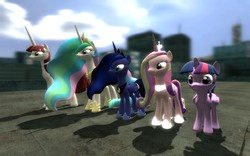 Size: 1680x1050 | Tagged: safe, artist:sonic5421, princess cadance, princess celestia, princess luna, twilight sparkle, oc, oc:fausticorn, alicorn, pony, g4, 3d, female, gmod, lauren faust, mare, royal family, twilight sparkle (alicorn)