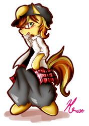 Size: 4464x6315 | Tagged: safe, artist:haruno hiroka, braeburn, earth pony, pony, g4, absurd resolution, bipedal, clothes, male, pixiv, solo