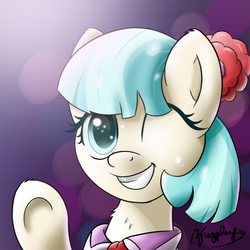 Size: 800x800 | Tagged: safe, artist:bugplayer, coco pommel, earth pony, pony, g4, abstract background, female, grin, mare, one eye closed, portrait, smiling, solo, underhoof, waving, wink