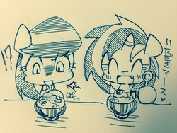 Size: 2048x1536 | Tagged: safe, artist:mosamosa_n, dj pon-3, octavia melody, vinyl scratch, g4, food, japanese, monochrome, pixiv, rice, traditional art