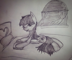 Size: 1280x1072 | Tagged: safe, artist:pw211, twilight sparkle, g4, bed, female, monochrome, solo, traditional art