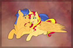 Size: 1024x680 | Tagged: dead source, safe, artist:llacky, flash sentry, sunset shimmer, pegasus, pony, unicorn, g4, couple, cuddling, female, holding hooves, hug, love, male, nuzzling, open mouth, prone, ship:flashimmer, shipping, smiling, snuggling, straight, winghug