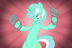 Size: 4455x2948 | Tagged: safe, artist:keen6, lyra heartstrings, pony, g4, artificial hands, bipedal, chest fluff, curved horn, female, horn, mare, smiling, solo