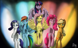 Size: 5333x3333 | Tagged: safe, artist:unnop64, applejack, fluttershy, pinkie pie, rainbow dash, rarity, twilight sparkle, alicorn, pony, g4, absurd resolution, female, jumping, looking at you, mane six, mare, simple background, twilight sparkle (alicorn)