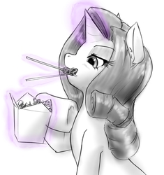 Size: 879x934 | Tagged: safe, artist:alloyrabbit, photo finish, rarity, sapphire shores, suri polomare, earth pony, pony, g4, chopsticks, female, fetish, giant pony, giantess, imminent vore, macro, mare, micro, monochrome, raripred, solo, vore