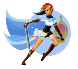Size: 800x709 | Tagged: safe, artist:half-pint-hero, rainbow dash, human, g4, cape, clothes, crossover, dual wield, female, humanized, puella magi madoka magica, simple background, solo, sword, transparent background