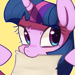 Size: 1800x1800 | Tagged: safe, artist:maren, twilight sparkle, g4, female, meme template, mouth hold, paper, portrait, simple background, solo