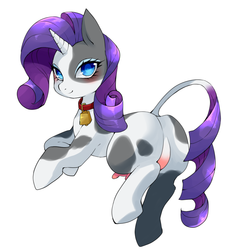 Size: 900x900 | Tagged: safe, artist:zakro, rarity, cow, cow pony, pony, unicorn, g4, bell, bell collar, butt, collar, cowbell, cowified, digital art, female, looking at you, mare, pixiv, plot, raricow, simple background, solo, species swap, udder, white background