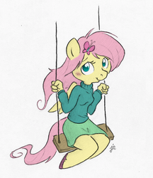 Size: 627x725 | Tagged: safe, artist:greenlinzerd, artist:swiftcutter, color edit, derpibooru exclusive, edit, fluttershy, anthro, unguligrade anthro, g4, clothes, colored, cute, female, shyabetes, solo, sweater, sweatershy, swing, turtleneck
