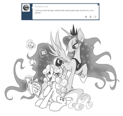 Size: 1000x944 | Tagged: safe, artist:mlpanon, princess luna, sweetie belle, g4, ask, book, grayscale, monochrome, older, simple background, tumblr, white background