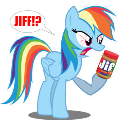Size: 900x874 | Tagged: safe, artist:egstudios93, rainbow dash, pegasus, pony, g4, angry, bloodshot eyes, dashiexp, female, folded wings, jif, mare, peanut butter, simple background, solo, transparent background, wings