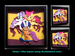 Size: 1280x958 | Tagged: safe, artist:the-paper-pony, apple bloom, scootaloo, sweetie belle, g4, cutie mark crusaders, helmet, papercraft, scooter, shadowbox