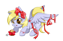 Size: 2702x1751 | Tagged: safe, artist:mrsremi, derpy hooves, pegasus, pony, g4, cute, derpabetes, female, mare, muffin, ribbon, solo