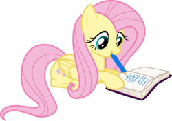 Size: 5000x3511 | Tagged: safe, artist:missbeigepony, fluttershy, pegasus, pony, g4, book, cute, female, looking down, lying down, mare, pencil, simple background, solo, transparent background, writing