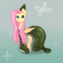 Size: 1000x1000 | Tagged: safe, artist:chiweee, fluttershy, g4, clothes, dress, female, looking at you, simple background, smiling, solo