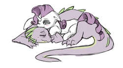 Size: 1381x761 | Tagged: safe, artist:anonymous, rarity, spike, dragon, pony, unicorn, g4, blushing, cuddling, cute, eyes closed, female, floppy ears, interspecies, lidded eyes, male, mare, older, older spike, one eye closed, prone, ship:sparity, shipping, smiling, snuggling, straight, wavy mouth