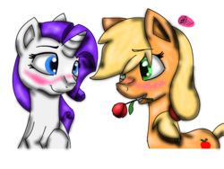 Size: 800x600 | Tagged: safe, artist:sarzu00, applejack, rarity, earth pony, pony, unicorn, g4, blushing, female, horn, lesbian, mare, rose, ship:rarijack, shipping, simple background, transparent background