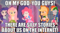 Size: 631x344 | Tagged: safe, applejack, fluttershy, pinkie pie, rainbow dash, rarity, equestria girls, g4, exploitable meme, image macro, mane six, meme, pinkie has a crazy idea