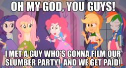 Size: 631x344 | Tagged: safe, applejack, fluttershy, pinkie pie, rainbow dash, rarity, equestria girls, g4, exploitable meme, image macro, mane six, meme, pinkie has a crazy idea