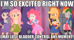 Size: 631x344 | Tagged: safe, applejack, fluttershy, pinkie pie, rainbow dash, rarity, equestria girls, g4, caption, exploitable meme, image macro, mane six, meme, need to pee, pinkie has a crazy idea, potty time