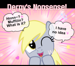 Size: 1600x1400 | Tagged: safe, artist:s.guri, derpy hooves, pegasus, pony, g4, americano exodus, cute, denial, female, happy, heart, looking at you, mare, muffin, open mouth, parody, smiling, solo, stars, that pony sure does love muffins, vector, wink