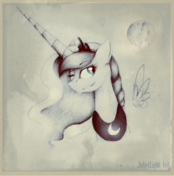 Size: 1640x1656 | Tagged: safe, artist:the-kirion, princess luna, g4, bust, female, grin, monochrome, moon, solo, traditional art, wink