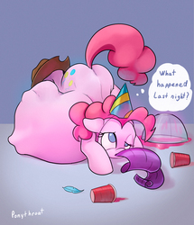 Size: 900x1048 | Tagged: safe, artist:php187, pinkie pie, rarity, earth pony, pony, g4, party of one, abdominal bulge, bad end, balloonbutt, belly, butt, cup, face down ass up, feather, female, female prey, fetish, hat, implied applejack, implied rainbow dash, mare, pinkie pred, plot, preydash, preyjack, rariprey, solo focus, tail sticking out, vore