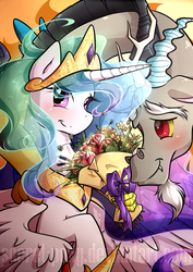 Size: 620x876 | Tagged: safe, artist:secret-pony, discord, princess celestia, alicorn, draconequus, pony, g4, twilight's kingdom, female, flower, male, ship:dislestia, shipping, signature, straight, watermark