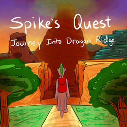 Size: 1280x1280 | Tagged: safe, artist:fuzebox, spike, dragon, g4, backpack, male, mountain, older, older spike, solo, spike's journey, teenage spike, teenaged dragon, teenager, title page