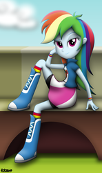 Size: 3685x6213 | Tagged: safe, artist:kiowa213, rainbow dash, equestria girls, g4, bedroom eyes, boots, clothes, female, signature, sitting, skirt, solo