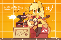 Size: 1000x665 | Tagged: safe, artist:php56, applejack, earth pony, semi-anthro, g4, crossover, engineer, engineer (tf2), female, guitar, sentry gun, solo, team fortress 2