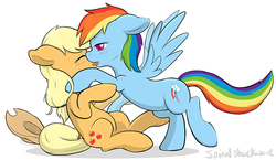 Size: 700x407 | Tagged: safe, artist:spiralshockwave, applejack, rainbow dash, g4, female, kissing, lesbian, ship:appledash, shipping