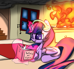 Size: 1280x1206 | Tagged: safe, artist:madacon, twilight sparkle, alicorn, pony, g4, cute, female, fire, headphones, irony, mare, reading, solo, this will end in fire, twiabetes, twilight sparkle (alicorn)