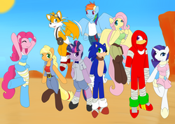 Size: 1024x723 | Tagged: safe, artist:scribblesea, applejack, fluttershy, pinkie pie, rainbow dash, rarity, twilight sparkle, anthro, unguligrade anthro, g4, crossover, knuckles the echidna, male, mane six, miles "tails" prower, sonic boom, sonic the hedgehog, sonic the hedgehog (series), sonicified, style emulation