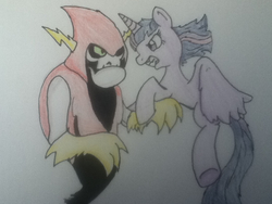 Size: 960x720 | Tagged: dead source, safe, artist:zelda-kingdom-hearts, twilight sparkle, alicorn, pony, g4, crossover, female, fight, lord hater, mare, traditional art, twilight sparkle (alicorn), wander over yonder