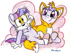 Size: 984x736 | Tagged: safe, artist:silversimba01, twilight sparkle, g4, clothes, cosplay, costume, crossover, cute, male, miles "tails" prower, sonic team, sonic the hedgehog (series), traditional art, twiabetes