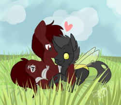 Size: 500x435 | Tagged: source needed, safe, artist:indiefoxtail, oc, oc only, oc:steel soul, oc:vanilla the changeling, changeling, earth pony, pony, changeling oc, cuddling, female, male, snuggling, stallion, yellow changeling