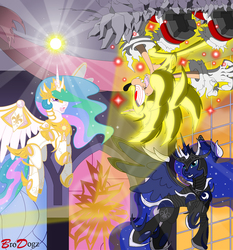 Size: 838x900 | Tagged: safe, artist:brodogz, princess celestia, princess luna, g4, chaos in equestria, commission, crossover, fanfic art, fight, sonic the comic, sonic the hedgehog, sonic the hedgehog (series), warrior celestia, warrior luna